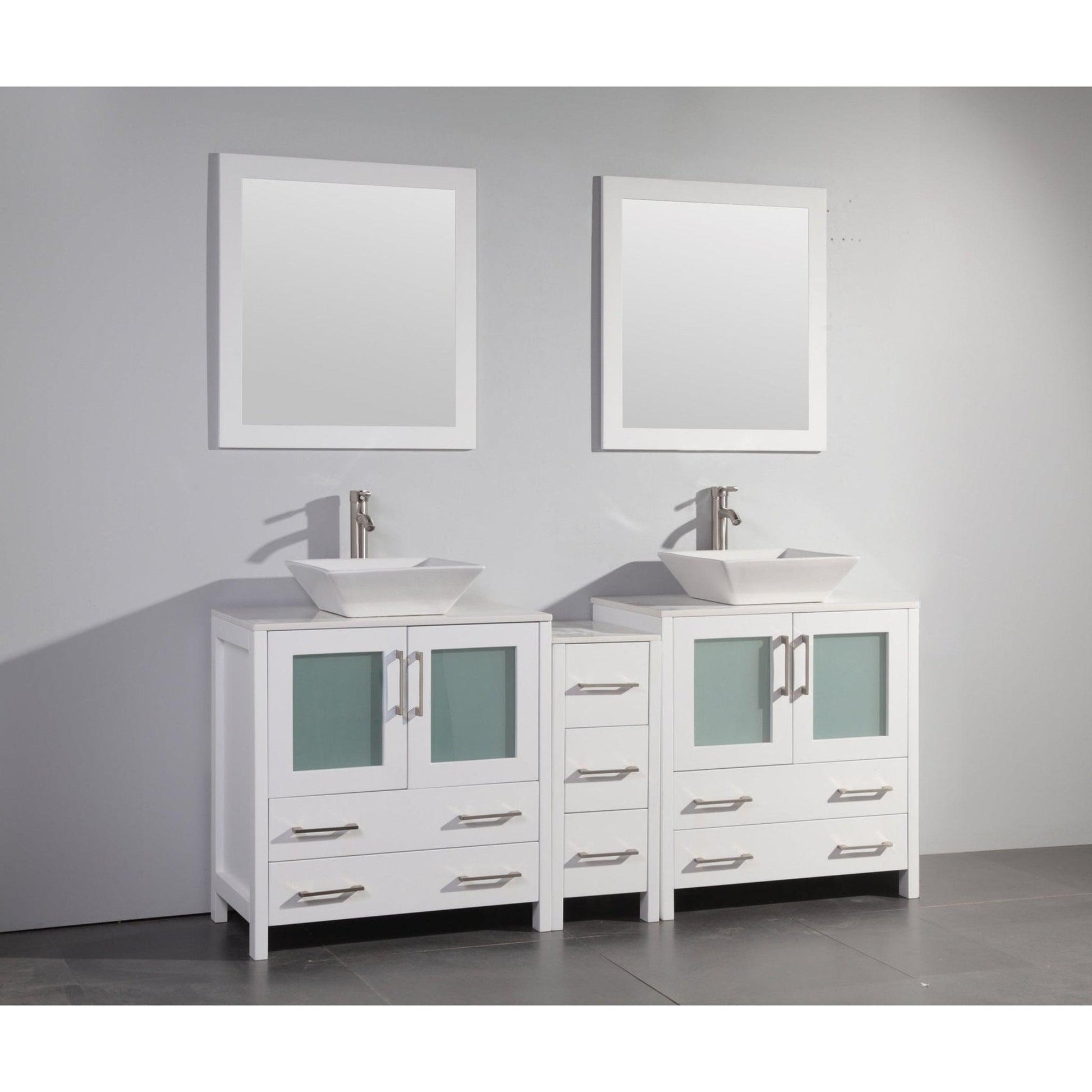 Vanity Art Ravenna 72" Double White Freestanding Vanity Set With White Engineered Marble Top, Ceramic Vessel Sink, 1 Side Cabinet and 2 Mirrors