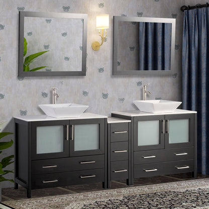 Vanity Art Ravenna 84" Double Espresso Freestanding Vanity Set With White Engineered Marble Top, 2 Ceramic Vessel Sinks, 1 Side Cabinet and 2 Mirrors