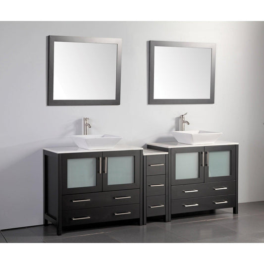 Vanity Art Ravenna 84" Double Espresso Freestanding Vanity Set With White Engineered Marble Top, 2 Ceramic Vessel Sinks, 1 Side Cabinet and 2 Mirrors