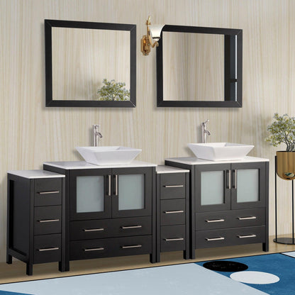 Vanity Art Ravenna 84" Double Espresso Freestanding Vanity Set With White Engineered Marble Top, 2 Ceramic Vessel Sinks, 2 Side Cabinets and 2 Mirrors
