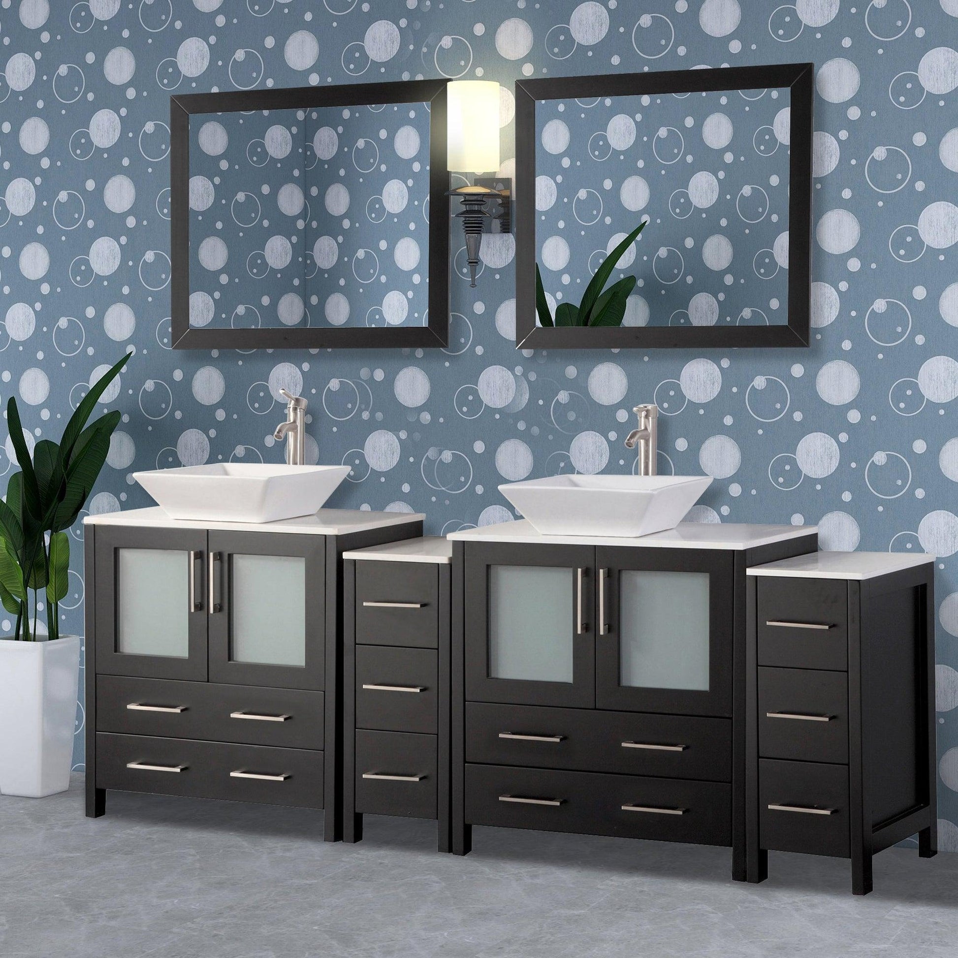Vanity Art Ravenna 84" Double Espresso Freestanding Vanity Set With White Engineered Marble Top, 2 Ceramic Vessel Sinks, 2 Side Cabinets and 2 Mirrors