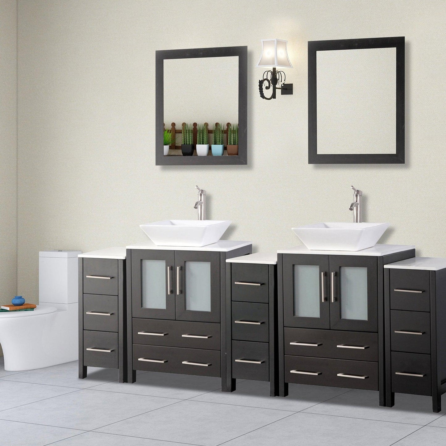 Vanity Art Ravenna 84" Double Espresso Freestanding Vanity Set With White Engineered Marble Top, 2 Ceramic Vessel Sinks, 3 Side Cabinets and 2 Mirrors
