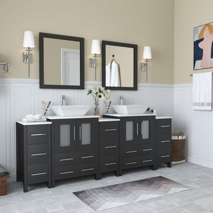 Vanity Art Ravenna 84" Double Espresso Freestanding Vanity Set With White Engineered Marble Top, 2 Ceramic Vessel Sinks, 3 Side Cabinets and 2 Mirrors