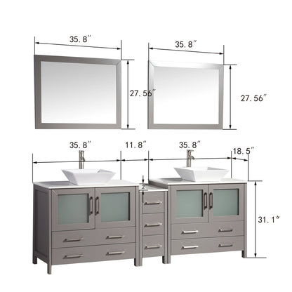 Vanity Art Ravenna 84" Double Gray Freestanding Vanity Set With White Engineered Marble Top, 2 Ceramic Vessel Sinks, 1 Side Cabinet and 2 Mirrors
