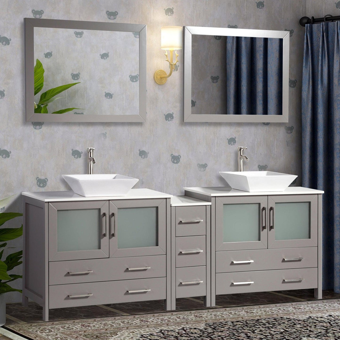 Vanity Art Ravenna 84" Double Gray Freestanding Vanity Set With White Engineered Marble Top, 2 Ceramic Vessel Sinks, 1 Side Cabinet and 2 Mirrors