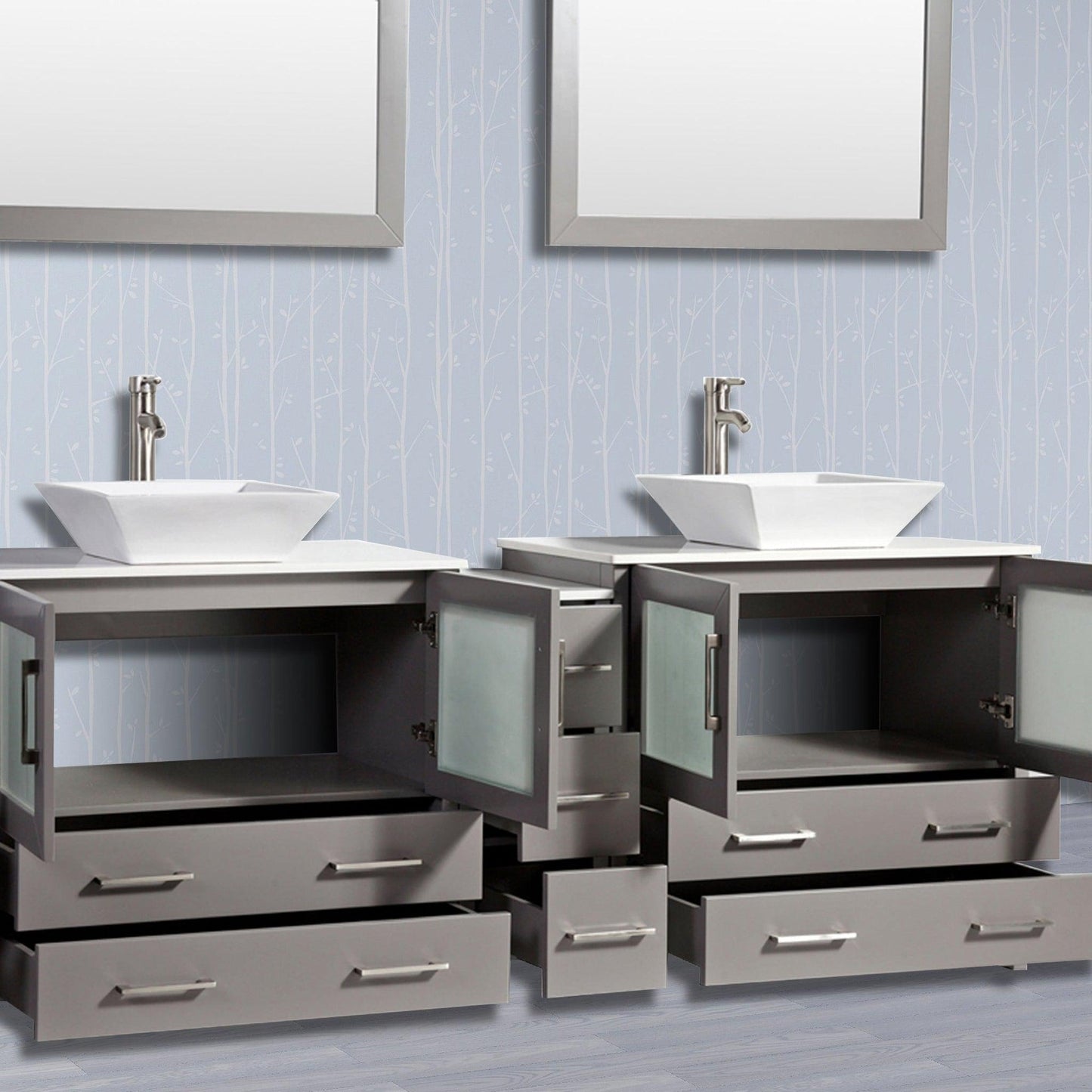 Vanity Art Ravenna 84" Double Gray Freestanding Vanity Set With White Engineered Marble Top, 2 Ceramic Vessel Sinks, 1 Side Cabinet and 2 Mirrors