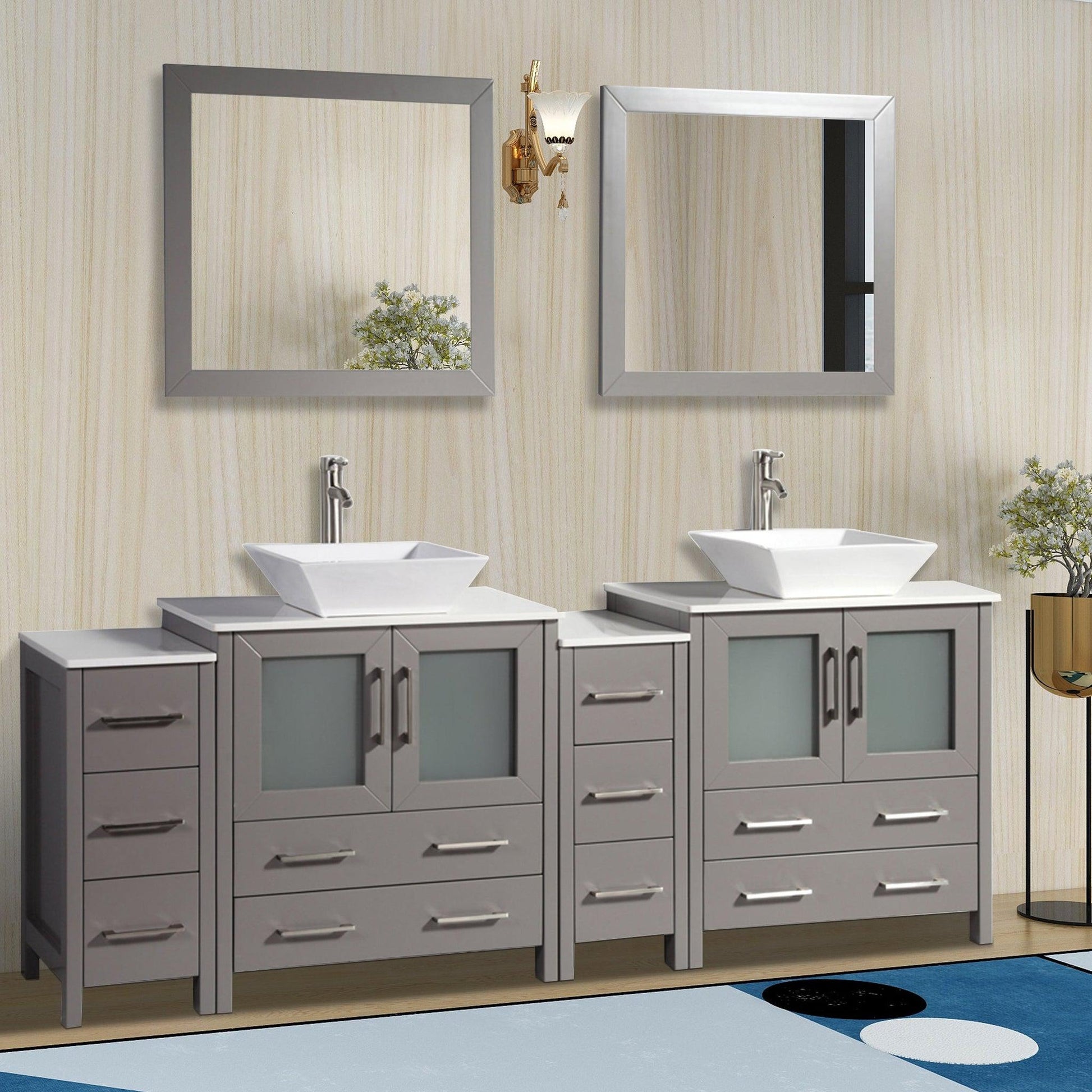 Vanity Art Ravenna 84" Double Gray Freestanding Vanity Set With White Engineered Marble Top, 2 Ceramic Vessel Sinks, 2 Side Cabinets and 2 Mirrors