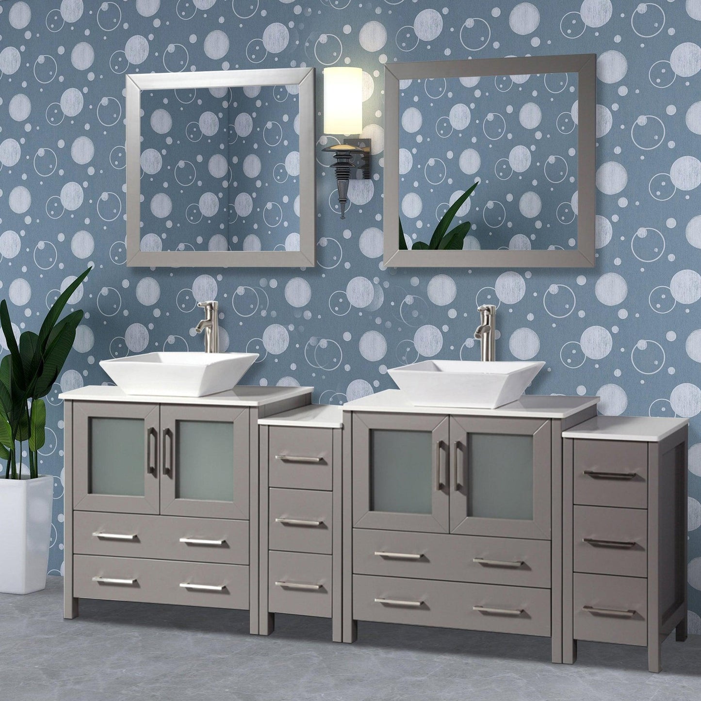 Vanity Art Ravenna 84" Double Gray Freestanding Vanity Set With White Engineered Marble Top, 2 Ceramic Vessel Sinks, 2 Side Cabinets and 2 Mirrors