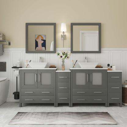 Vanity Art Ravenna 84" Double Gray Freestanding Vanity Set With White Engineered Marble Top, 2 Ceramic Vessel Sinks, 2 Side Cabinets and 2 Mirrors