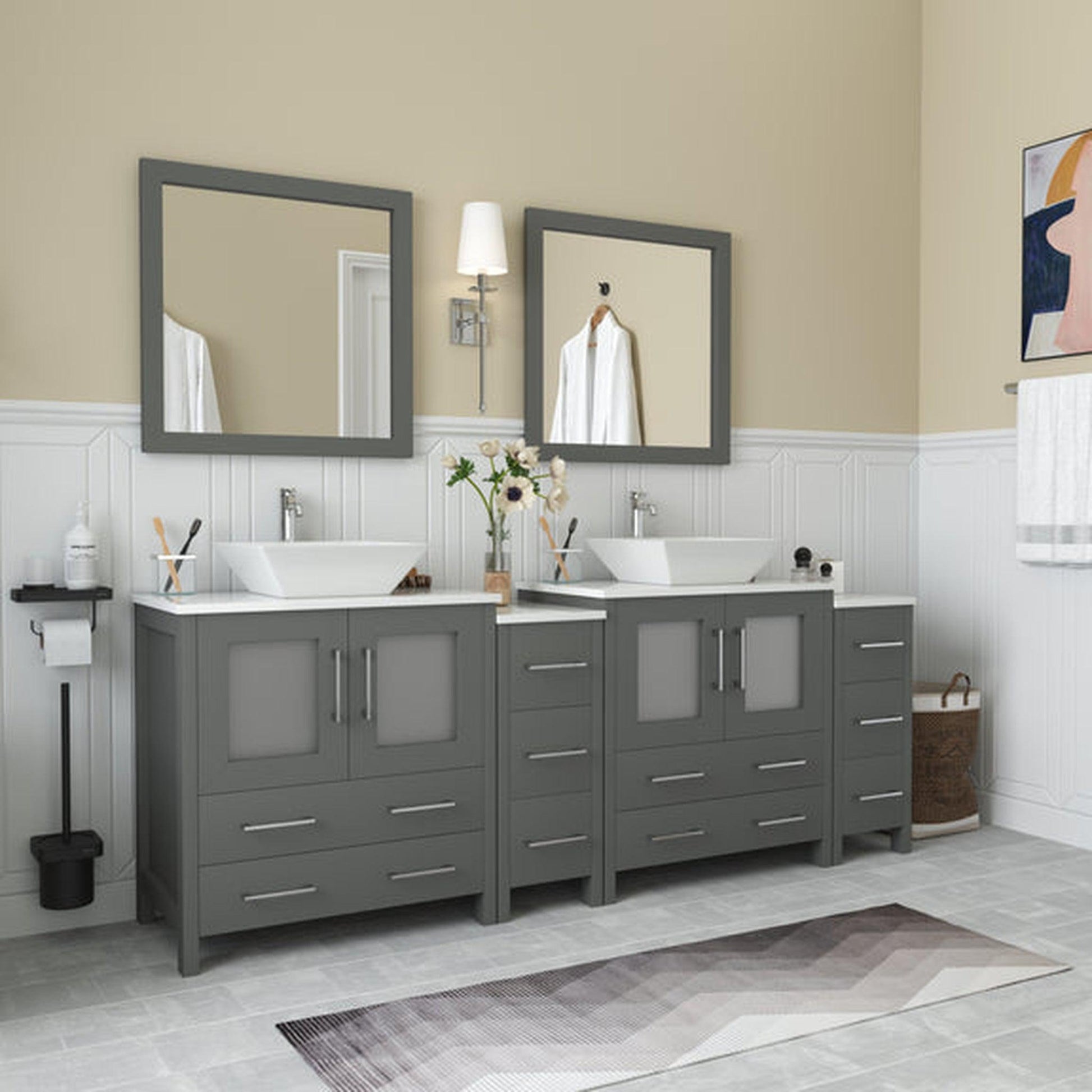 Vanity Art Ravenna 84" Double Gray Freestanding Vanity Set With White Engineered Marble Top, 2 Ceramic Vessel Sinks, 2 Side Cabinets and 2 Mirrors