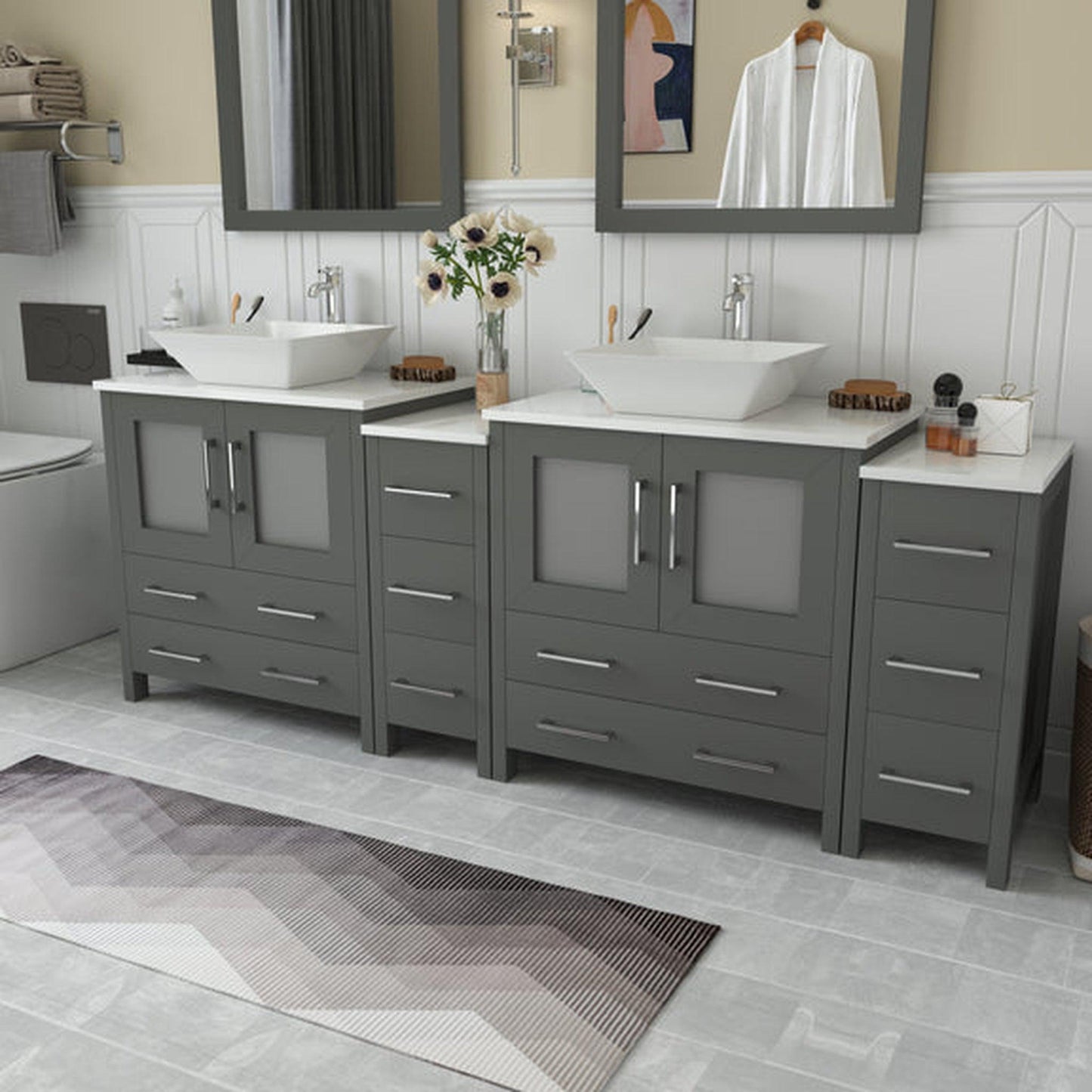 Vanity Art Ravenna 84" Double Gray Freestanding Vanity Set With White Engineered Marble Top, 2 Ceramic Vessel Sinks, 2 Side Cabinets and 2 Mirrors