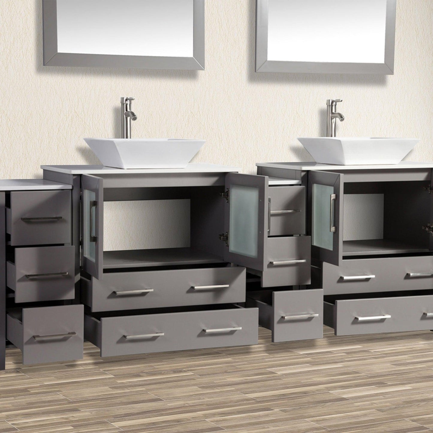 Vanity Art Ravenna 84" Double Gray Freestanding Vanity Set With White Engineered Marble Top, 2 Ceramic Vessel Sinks, 2 Side Cabinets and 2 Mirrors