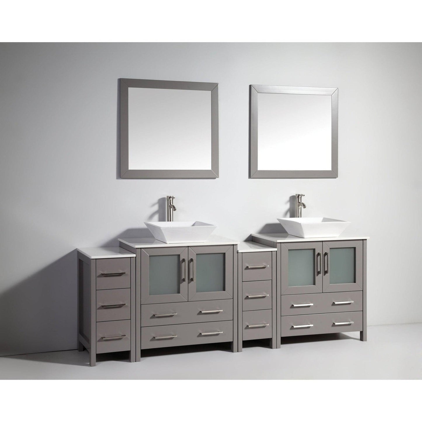 Vanity Art Ravenna 84" Double Gray Freestanding Vanity Set With White Engineered Marble Top, 2 Ceramic Vessel Sinks, 2 Side Cabinets and 2 Mirrors