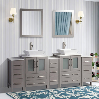 Vanity Art Ravenna 84" Double Gray Freestanding Vanity Set With White Engineered Marble Top, 2 Ceramic Vessel Sinks, 3 Side Cabinets and 2 Mirrors