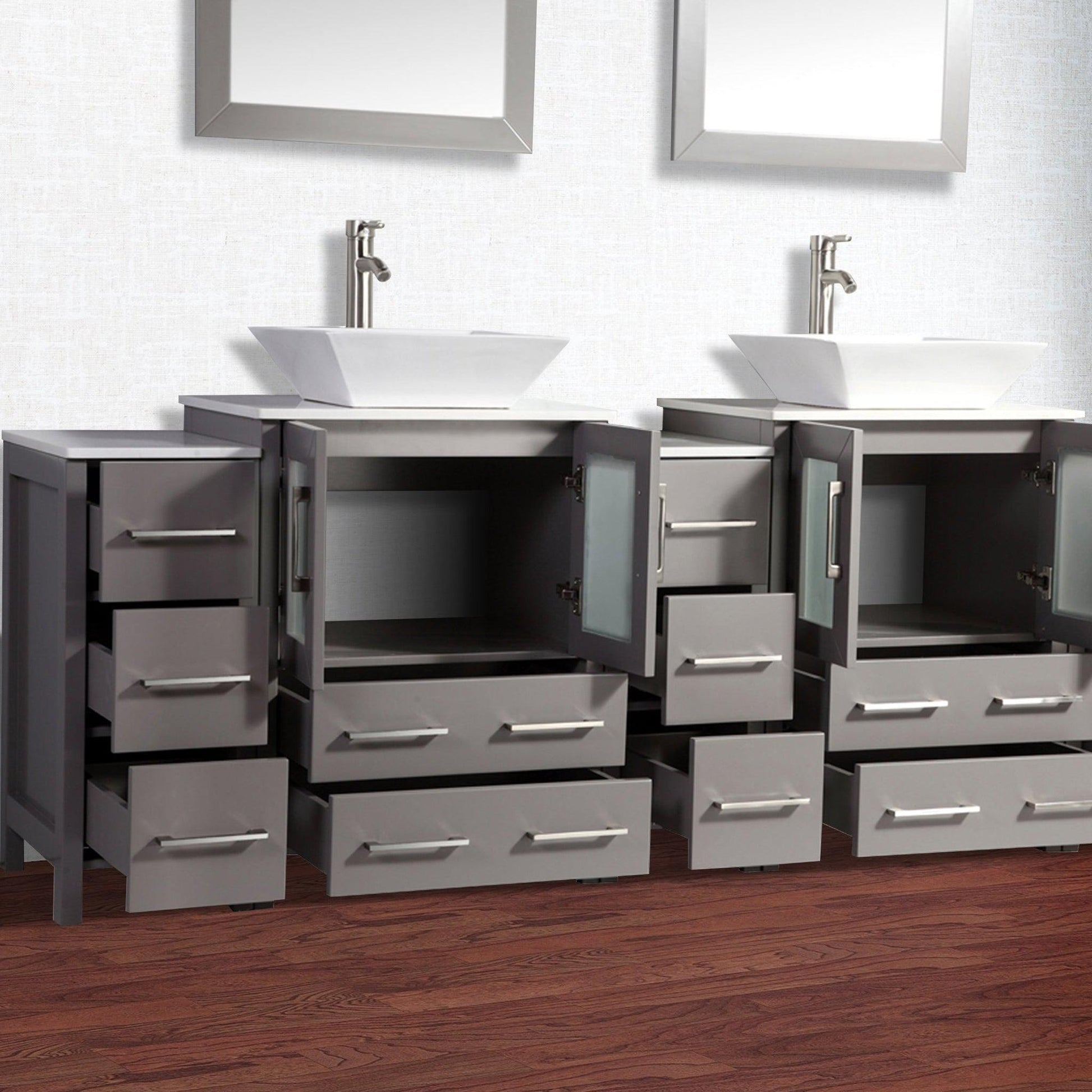 Vanity Art Ravenna 84" Double Gray Freestanding Vanity Set With White Engineered Marble Top, 2 Ceramic Vessel Sinks, 3 Side Cabinets and 2 Mirrors