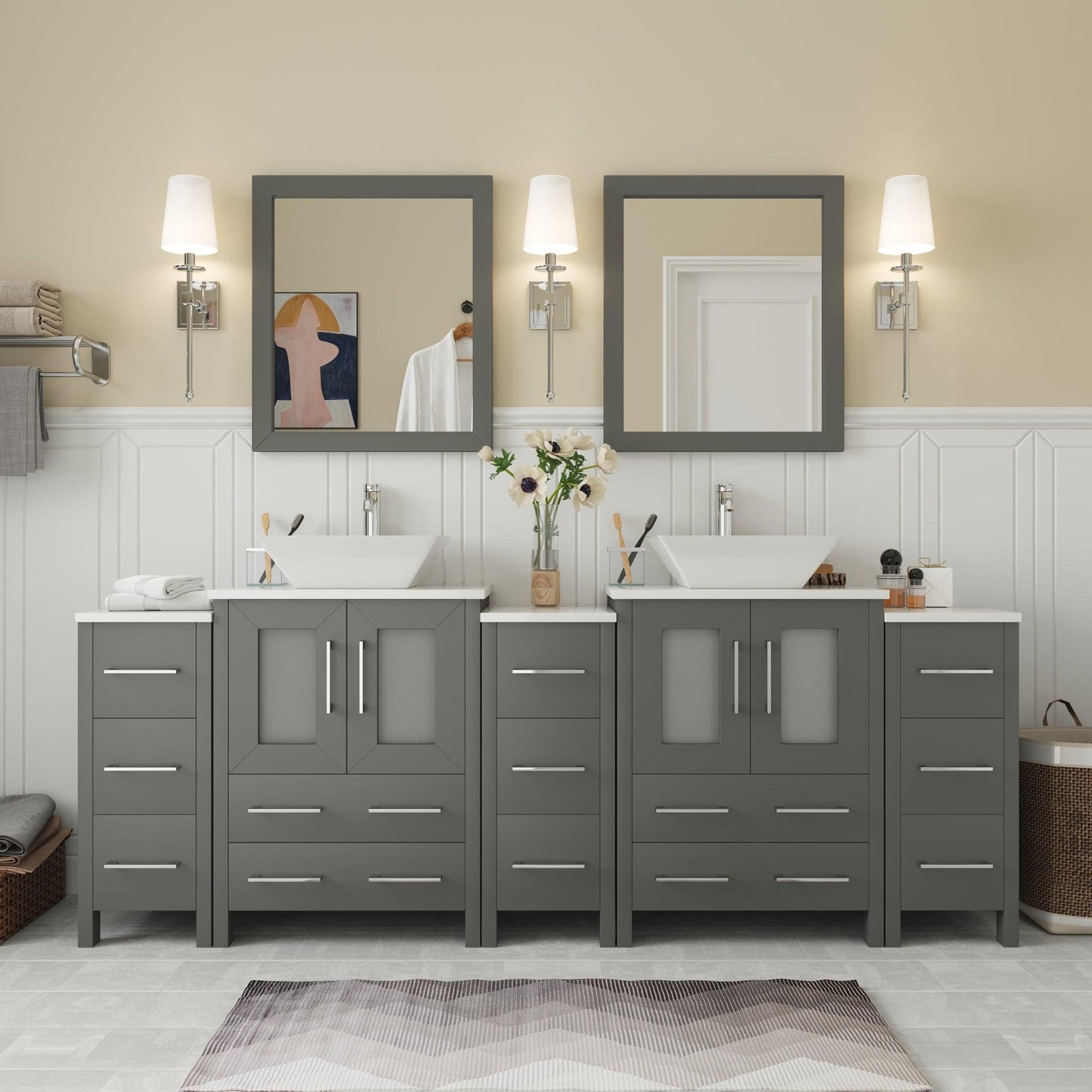 Vanity Art Ravenna 84" Double Gray Freestanding Vanity Set With White Engineered Marble Top, 2 Ceramic Vessel Sinks, 3 Side Cabinets and 2 Mirrors