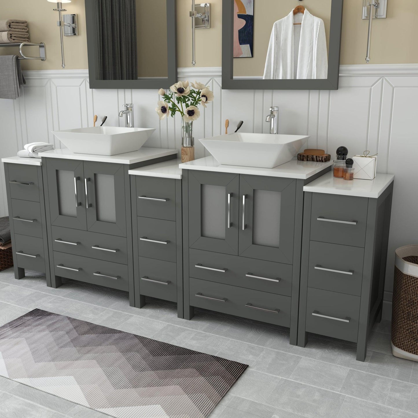 Vanity Art Ravenna 84" Double Gray Freestanding Vanity Set With White Engineered Marble Top, 2 Ceramic Vessel Sinks, 3 Side Cabinets and 2 Mirrors