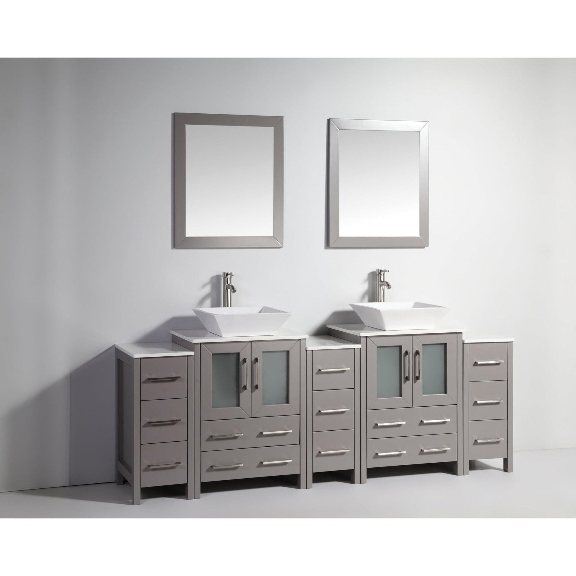 Vanity Art Ravenna 84" Double Gray Freestanding Vanity Set With White Engineered Marble Top, 2 Ceramic Vessel Sinks, 3 Side Cabinets and 2 Mirrors