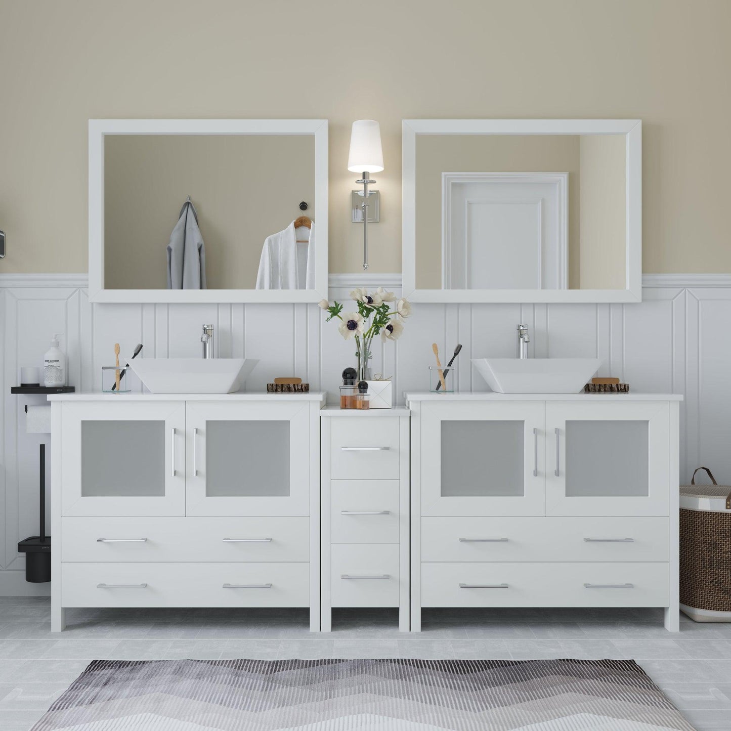 Vanity Art Ravenna 84" Double White Freestanding Vanity Set With White Engineered Marble Top, 2 Ceramic Vessel Sinks, 1 Side Cabinet and 2 Mirrors