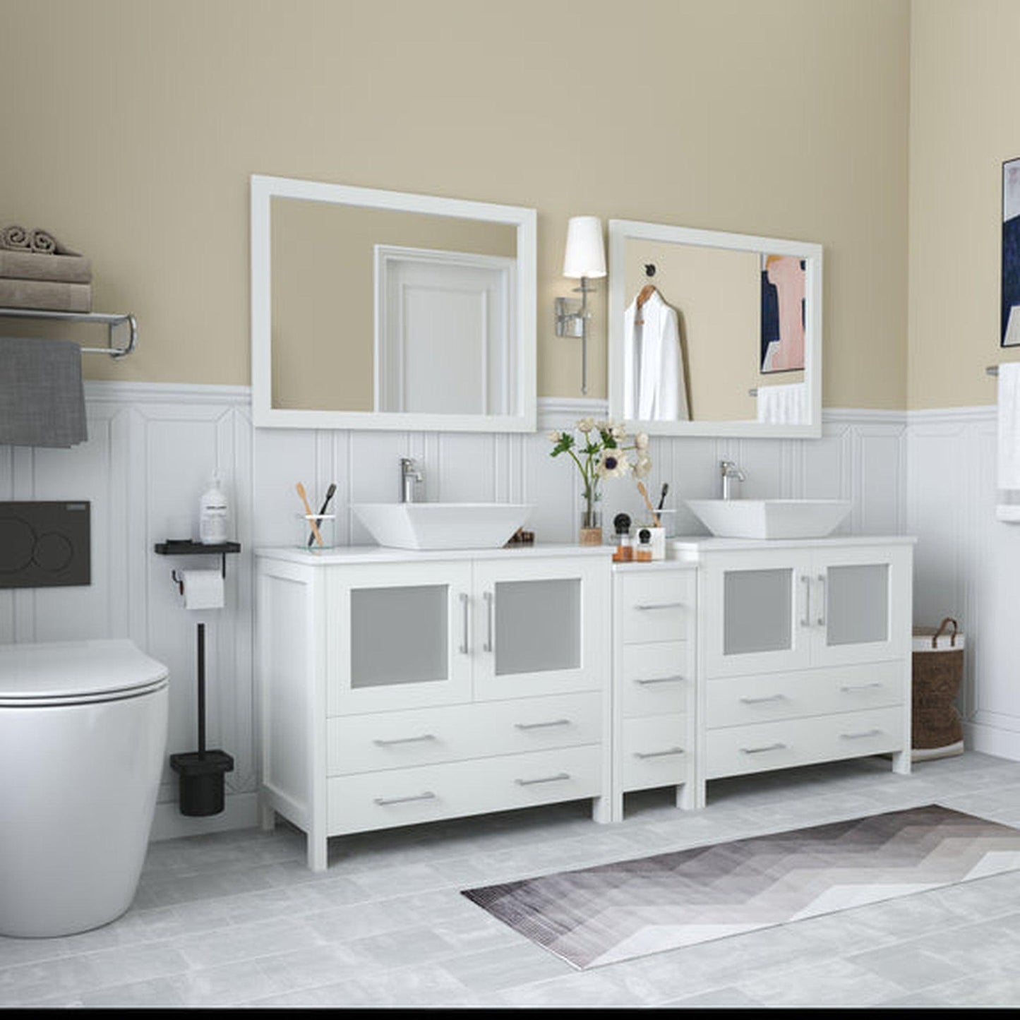 Vanity Art Ravenna 84" Double White Freestanding Vanity Set With White Engineered Marble Top, 2 Ceramic Vessel Sinks, 1 Side Cabinet and 2 Mirrors