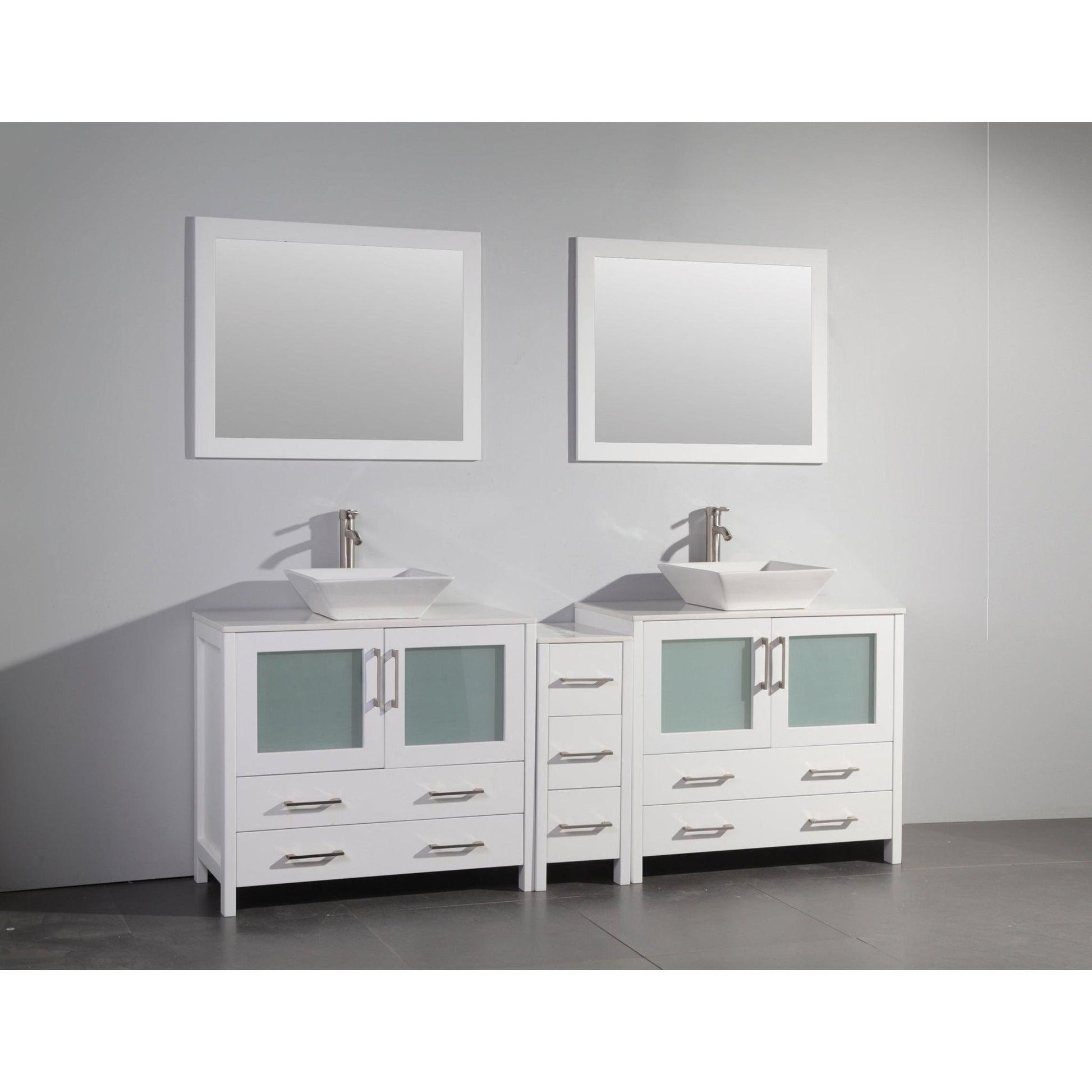 Vanity Art Ravenna 84" Double White Freestanding Vanity Set With White Engineered Marble Top, 2 Ceramic Vessel Sinks, 1 Side Cabinet and 2 Mirrors