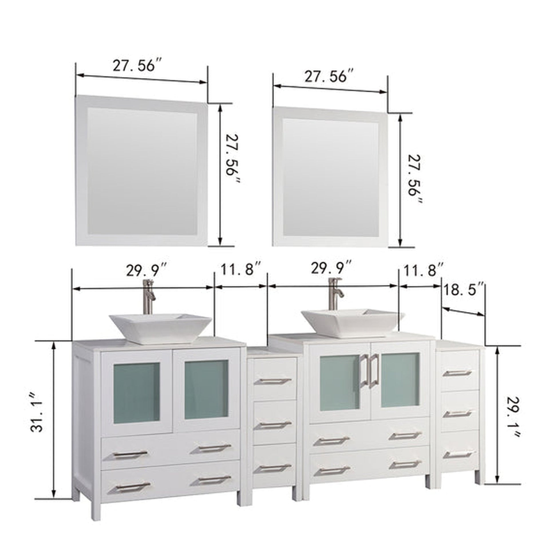 Vanity Art Ravenna 84" Double White Freestanding Vanity Set With White Engineered Marble Top, 2 Ceramic Vessel Sinks, 2 Side Cabinets and 2 Mirrors