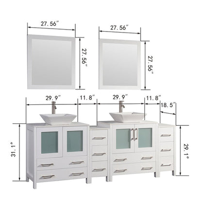 Vanity Art Ravenna 84" Double White Freestanding Vanity Set With White Engineered Marble Top, 2 Ceramic Vessel Sinks, 2 Side Cabinets and 2 Mirrors