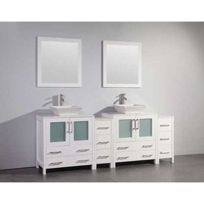 Vanity Art Ravenna 84" Double White Freestanding Vanity Set With White Engineered Marble Top, 2 Ceramic Vessel Sinks, 2 Side Cabinets and 2 Mirrors