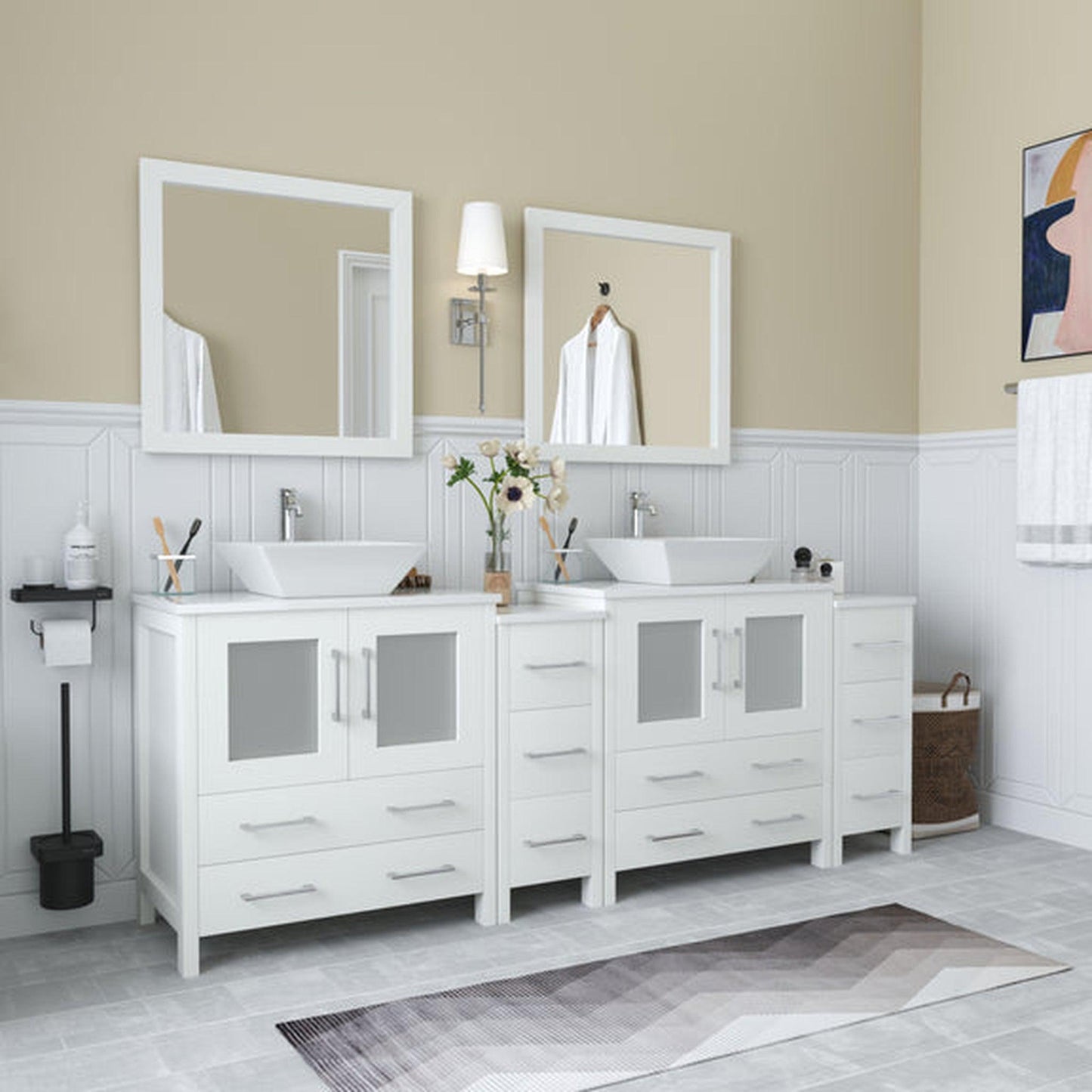 Vanity Art Ravenna 84" Double White Freestanding Vanity Set With White Engineered Marble Top, 2 Ceramic Vessel Sinks, 2 Side Cabinets and 2 Mirrors