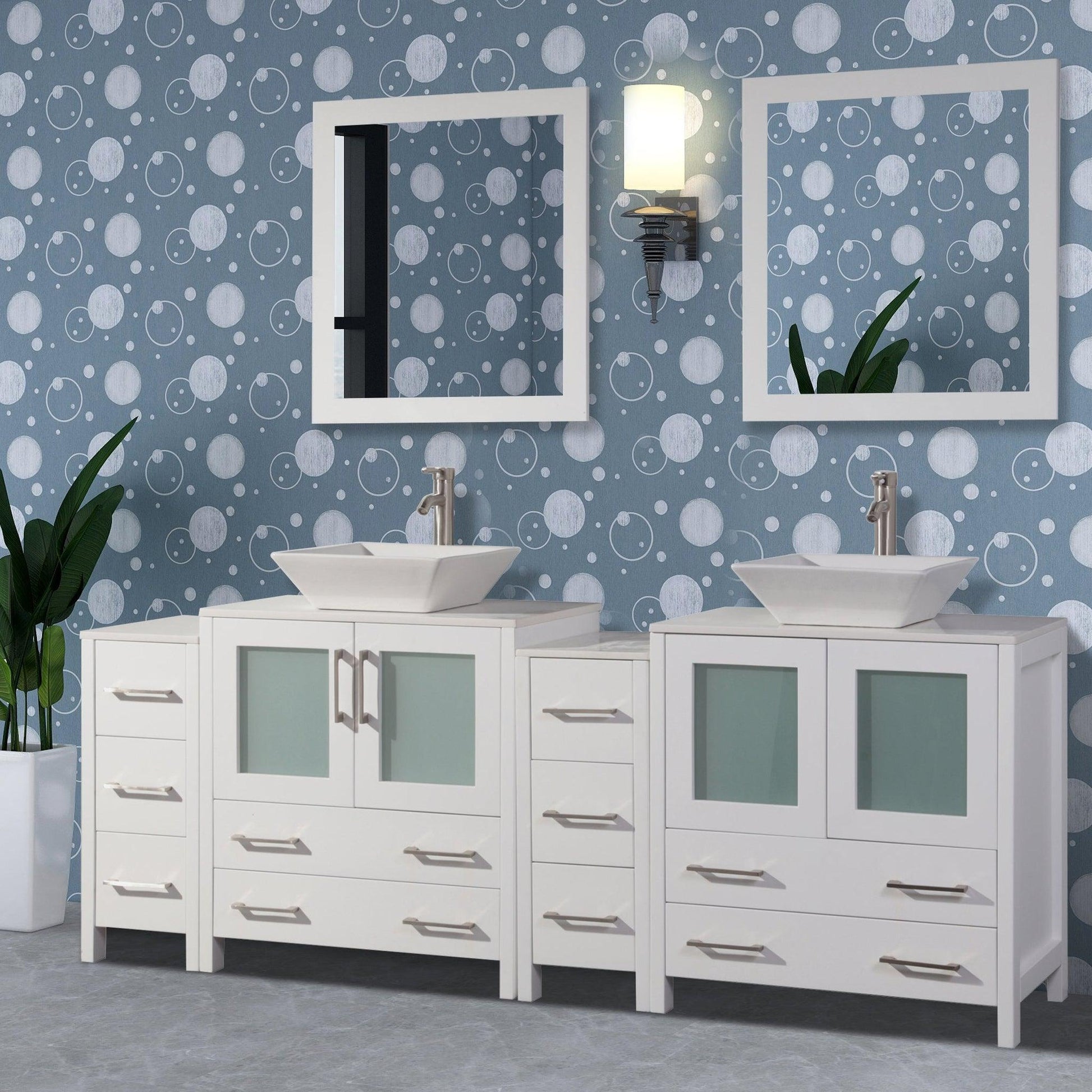 Vanity Art Ravenna 84" Double White Freestanding Vanity Set With White Engineered Marble Top, 2 Ceramic Vessel Sinks, 2 Side Cabinets and 2 Mirrors