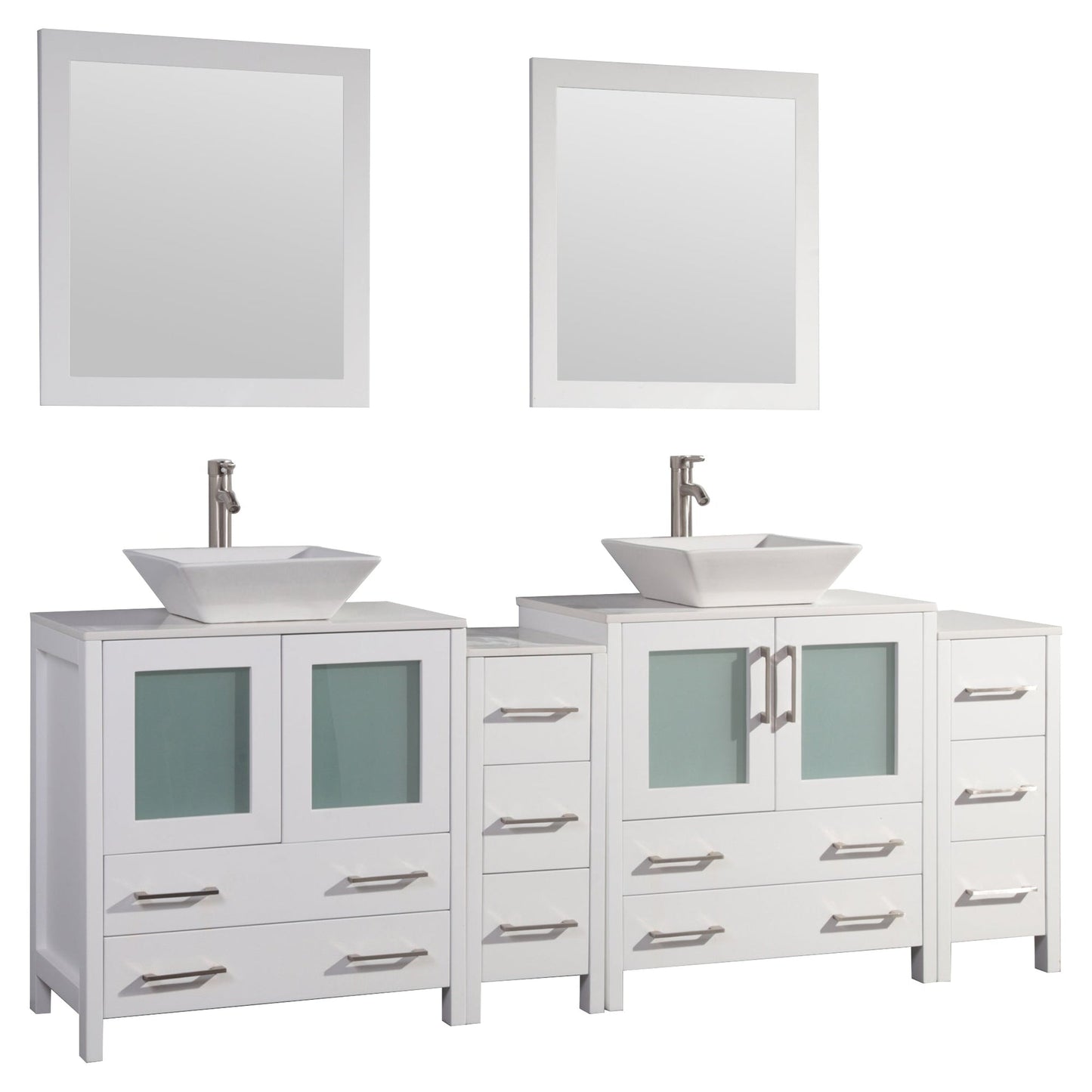 Vanity Art Ravenna 84" Double White Freestanding Vanity Set With White Engineered Marble Top, 2 Ceramic Vessel Sinks, 2 Side Cabinets and 2 Mirrors