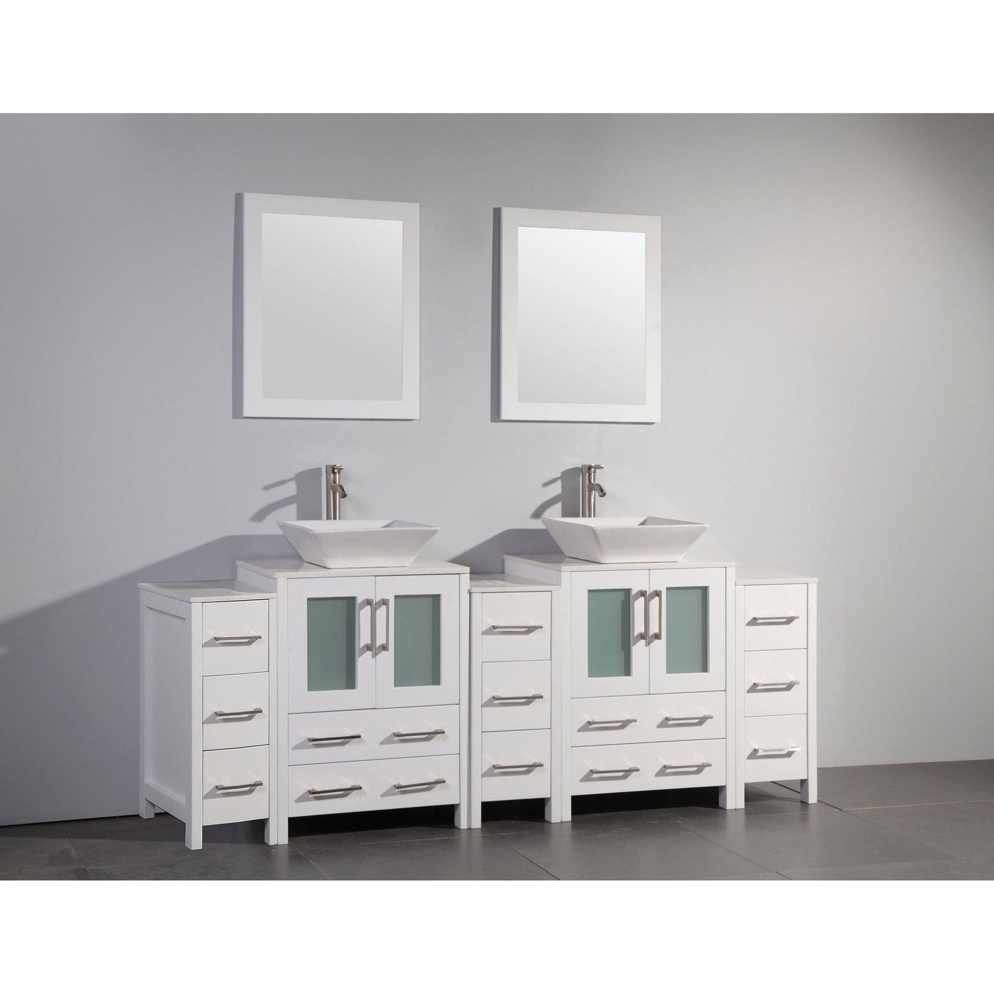 Vanity Art Ravenna 84" Double White Freestanding Vanity Set With White Engineered Marble Top, 2 Ceramic Vessel Sinks, 3 Side Cabinets and 2 Mirrors