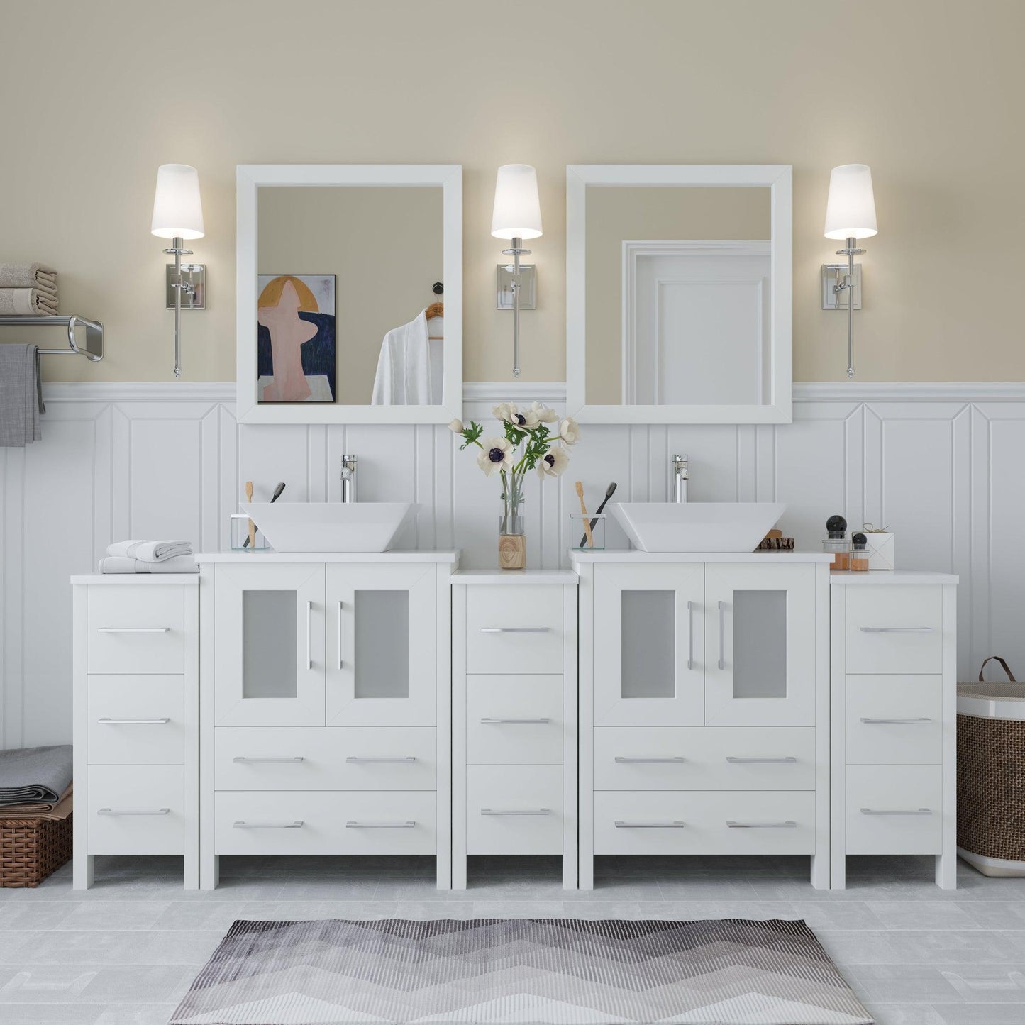 Vanity Art Ravenna 84" Double White Freestanding Vanity Set With White Engineered Marble Top, 2 Ceramic Vessel Sinks, 3 Side Cabinets and 2 Mirrors