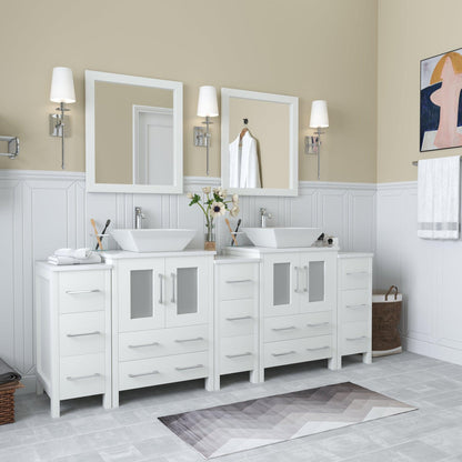 Vanity Art Ravenna 84" Double White Freestanding Vanity Set With White Engineered Marble Top, 2 Ceramic Vessel Sinks, 3 Side Cabinets and 2 Mirrors