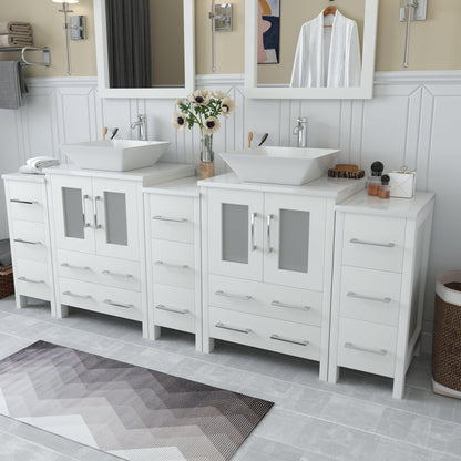 Vanity Art Ravenna 84" Double White Freestanding Vanity Set With White Engineered Marble Top, 2 Ceramic Vessel Sinks, 3 Side Cabinets and 2 Mirrors