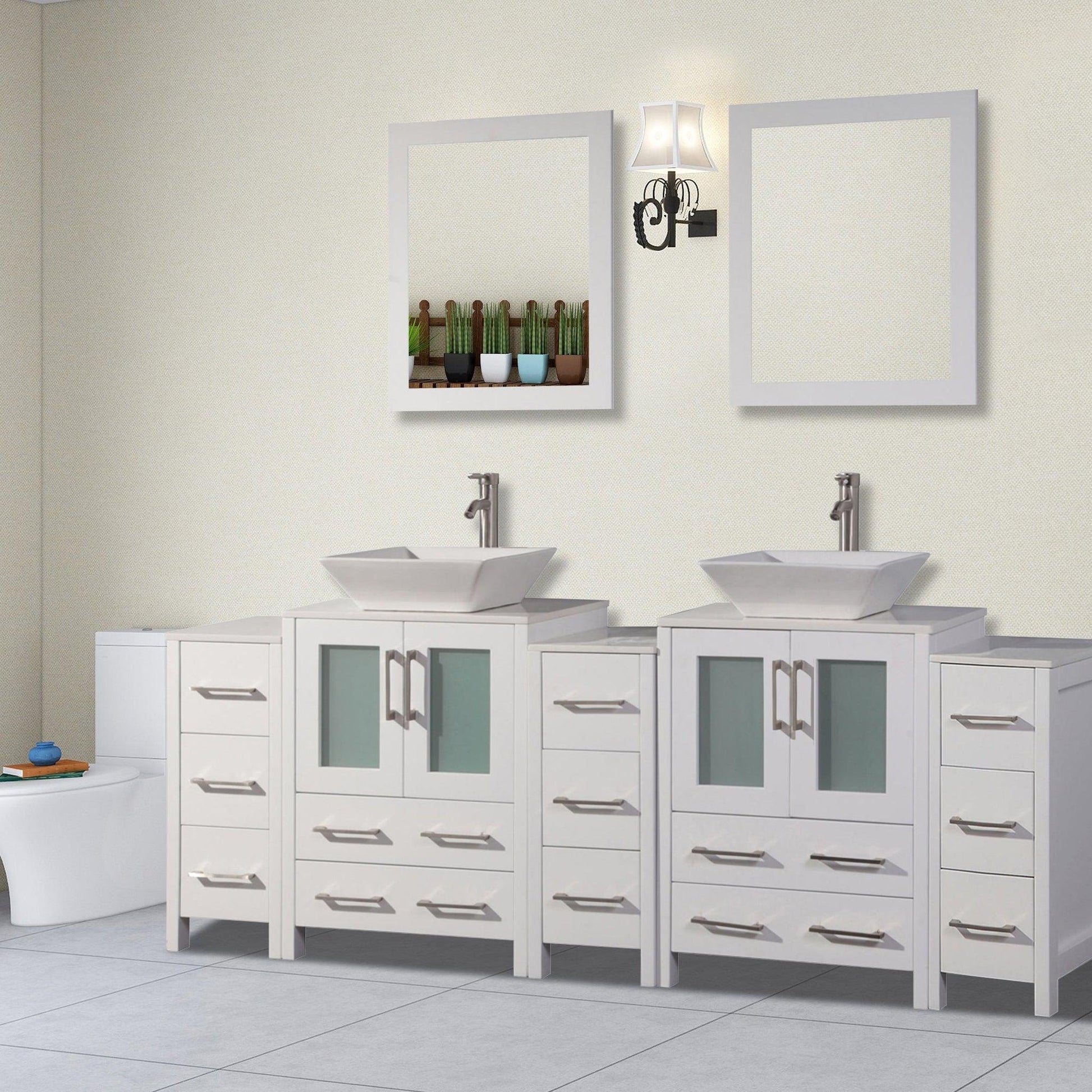 Vanity Art Ravenna 84" Double White Freestanding Vanity Set With White Engineered Marble Top, 2 Ceramic Vessel Sinks, 3 Side Cabinets and 2 Mirrors