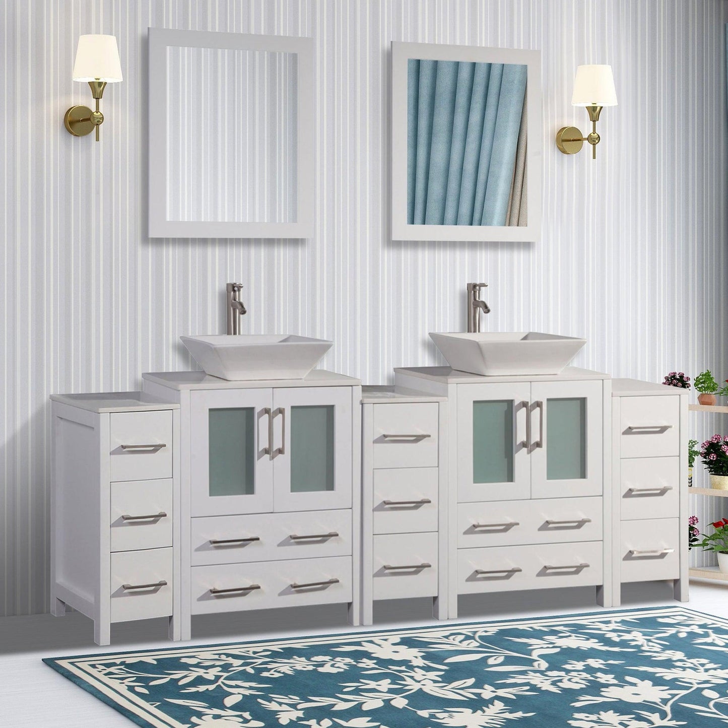 Vanity Art Ravenna 84" Double White Freestanding Vanity Set With White Engineered Marble Top, 2 Ceramic Vessel Sinks, 3 Side Cabinets and 2 Mirrors