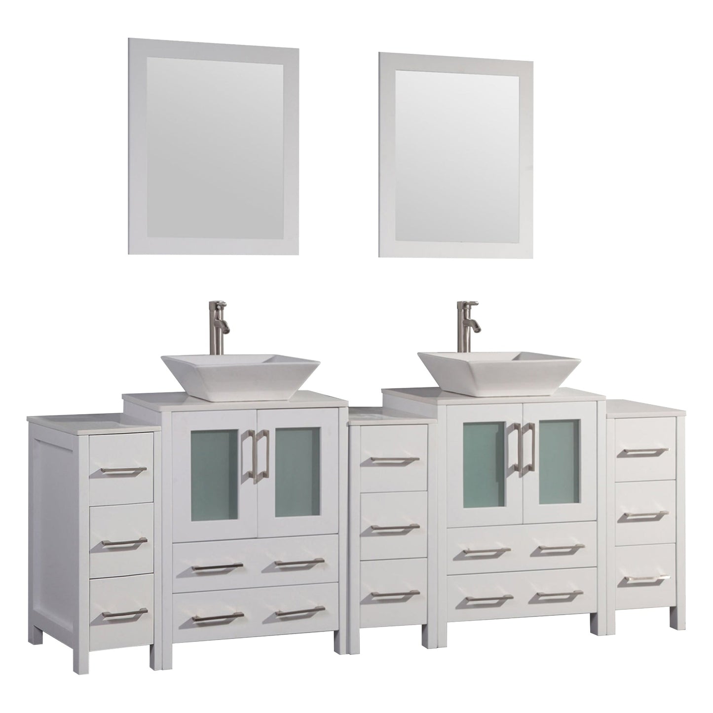 Vanity Art Ravenna 84" Double White Freestanding Vanity Set With White Engineered Marble Top, 2 Ceramic Vessel Sinks, 3 Side Cabinets and 2 Mirrors