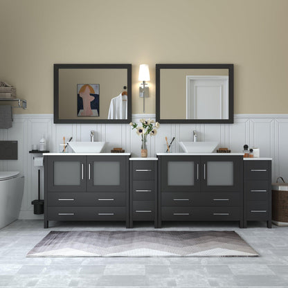 Vanity Art Ravenna 96" Double Espresso Freestanding Vanity Set With White Engineered Marble Top, 2 Ceramic Vessel Sinks, 2 Side Cabinets and 2 Mirrors