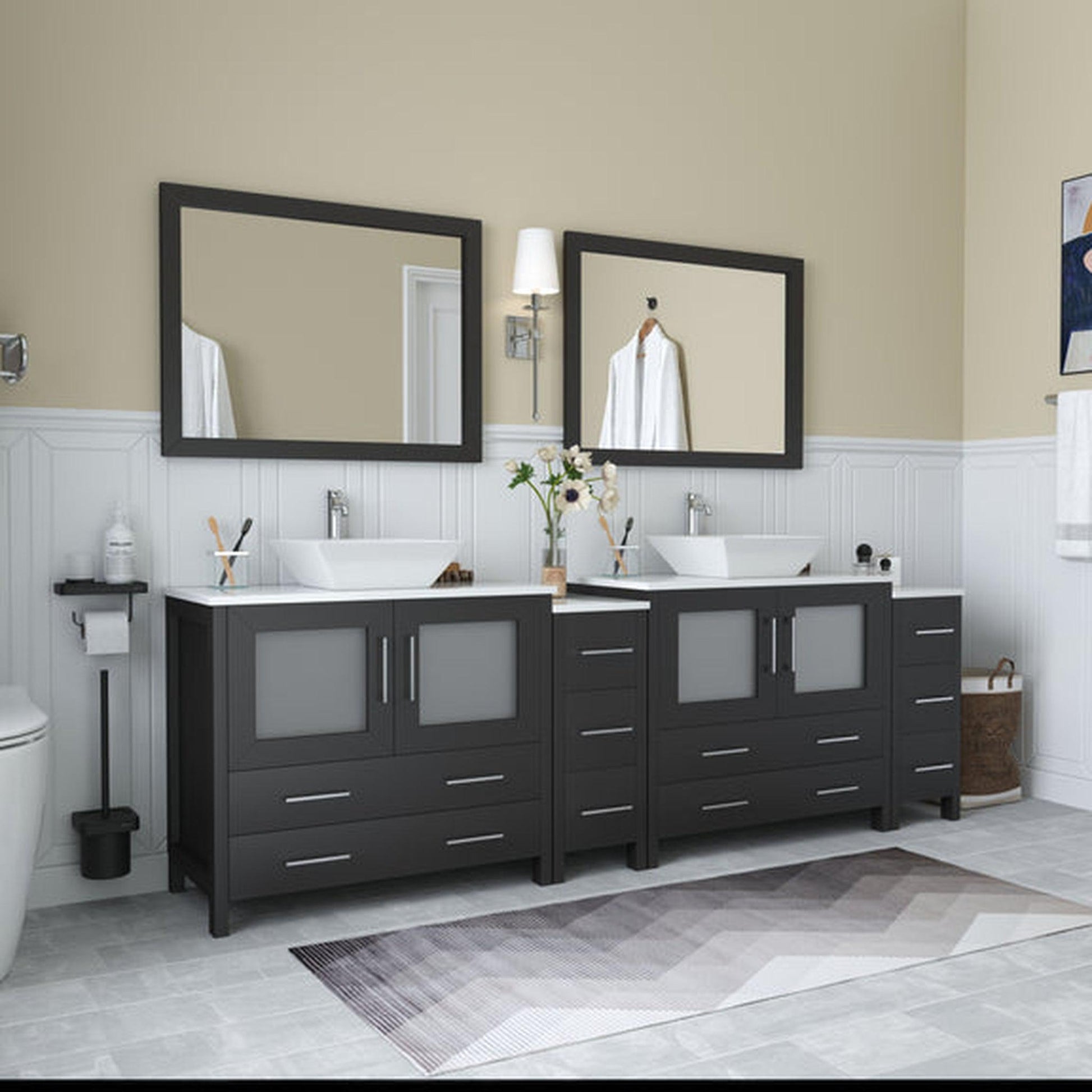 Vanity Art Ravenna 96" Double Espresso Freestanding Vanity Set With White Engineered Marble Top, 2 Ceramic Vessel Sinks, 2 Side Cabinets and 2 Mirrors