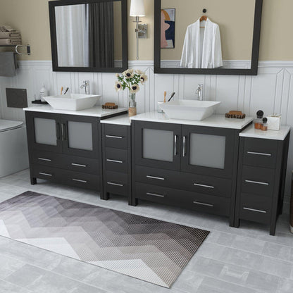 Vanity Art Ravenna 96" Double Espresso Freestanding Vanity Set With White Engineered Marble Top, 2 Ceramic Vessel Sinks, 2 Side Cabinets and 2 Mirrors