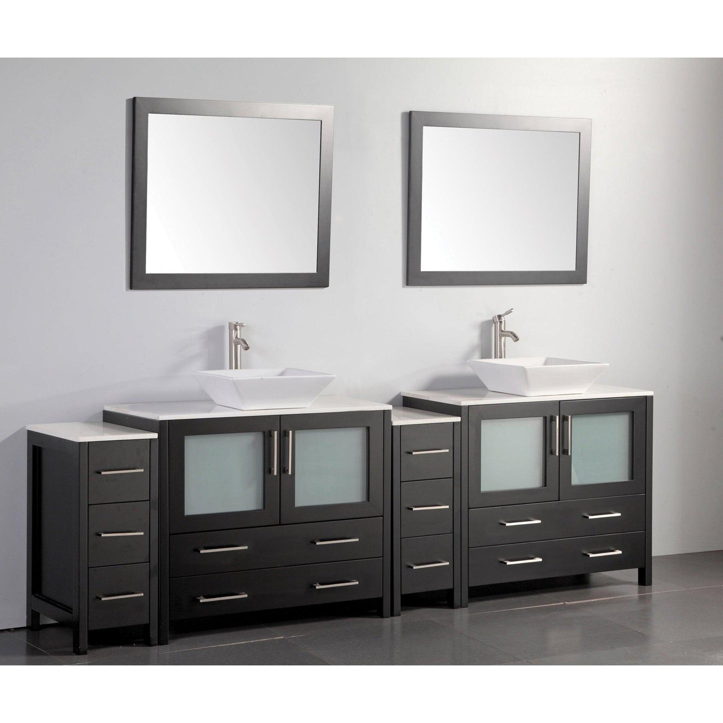 Vanity Art Ravenna 96" Double Espresso Freestanding Vanity Set With White Engineered Marble Top, 2 Ceramic Vessel Sinks, 2 Side Cabinets and 2 Mirrors