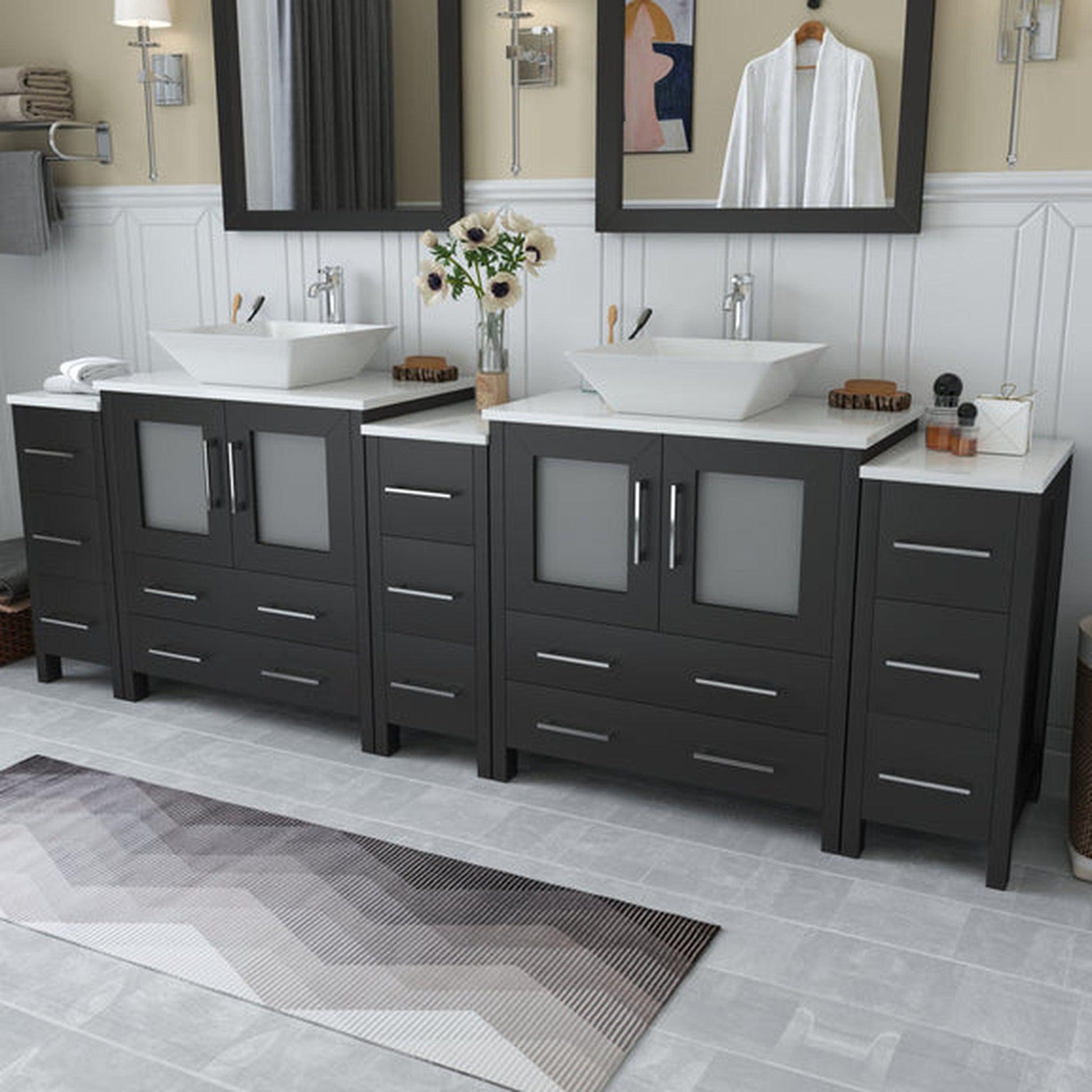 Vanity Art Ravenna 96" Double Espresso Freestanding Vanity Set With White Engineered Marble Top, 2 Ceramic Vessel Sinks, 3 Side Cabinets and 2 Mirrors
