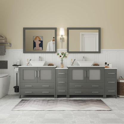 Vanity Art Ravenna 96" Double Gray Freestanding Vanity Set With White Engineered Marble Top, 2 Ceramic Vessel Sinks, 2 Side Cabinets and 2 Mirrors