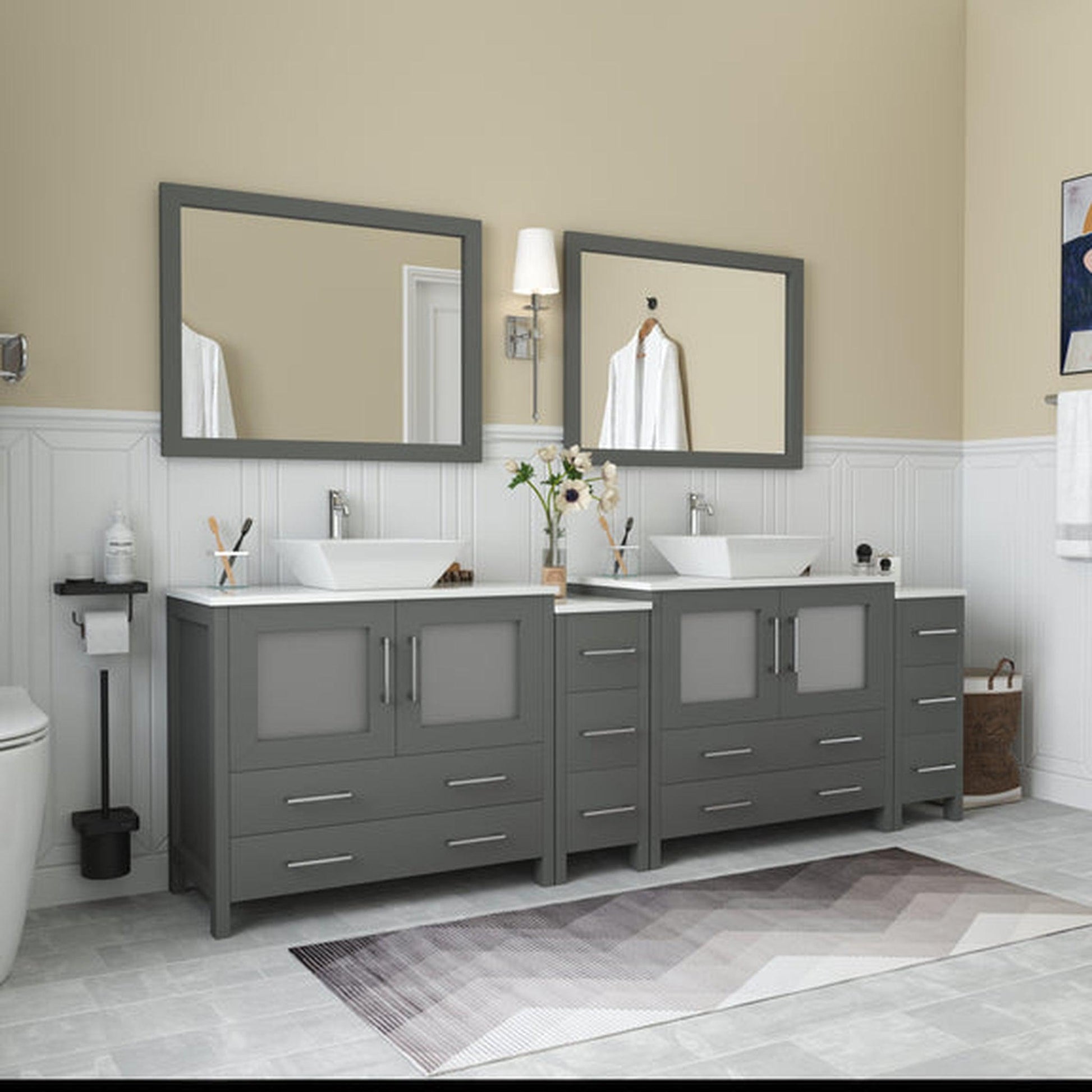 Vanity Art Ravenna 96" Double Gray Freestanding Vanity Set With White Engineered Marble Top, 2 Ceramic Vessel Sinks, 2 Side Cabinets and 2 Mirrors