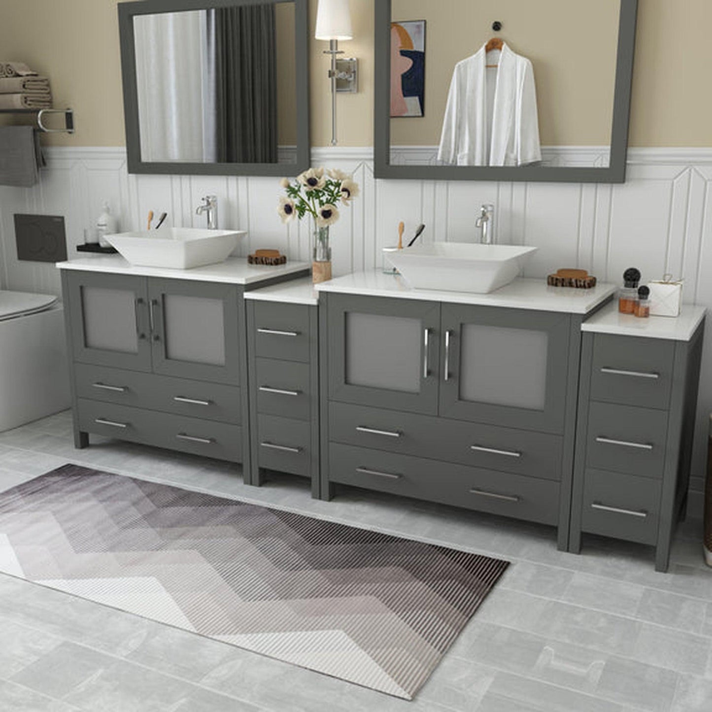 Vanity Art Ravenna 96" Double Gray Freestanding Vanity Set With White Engineered Marble Top, 2 Ceramic Vessel Sinks, 2 Side Cabinets and 2 Mirrors