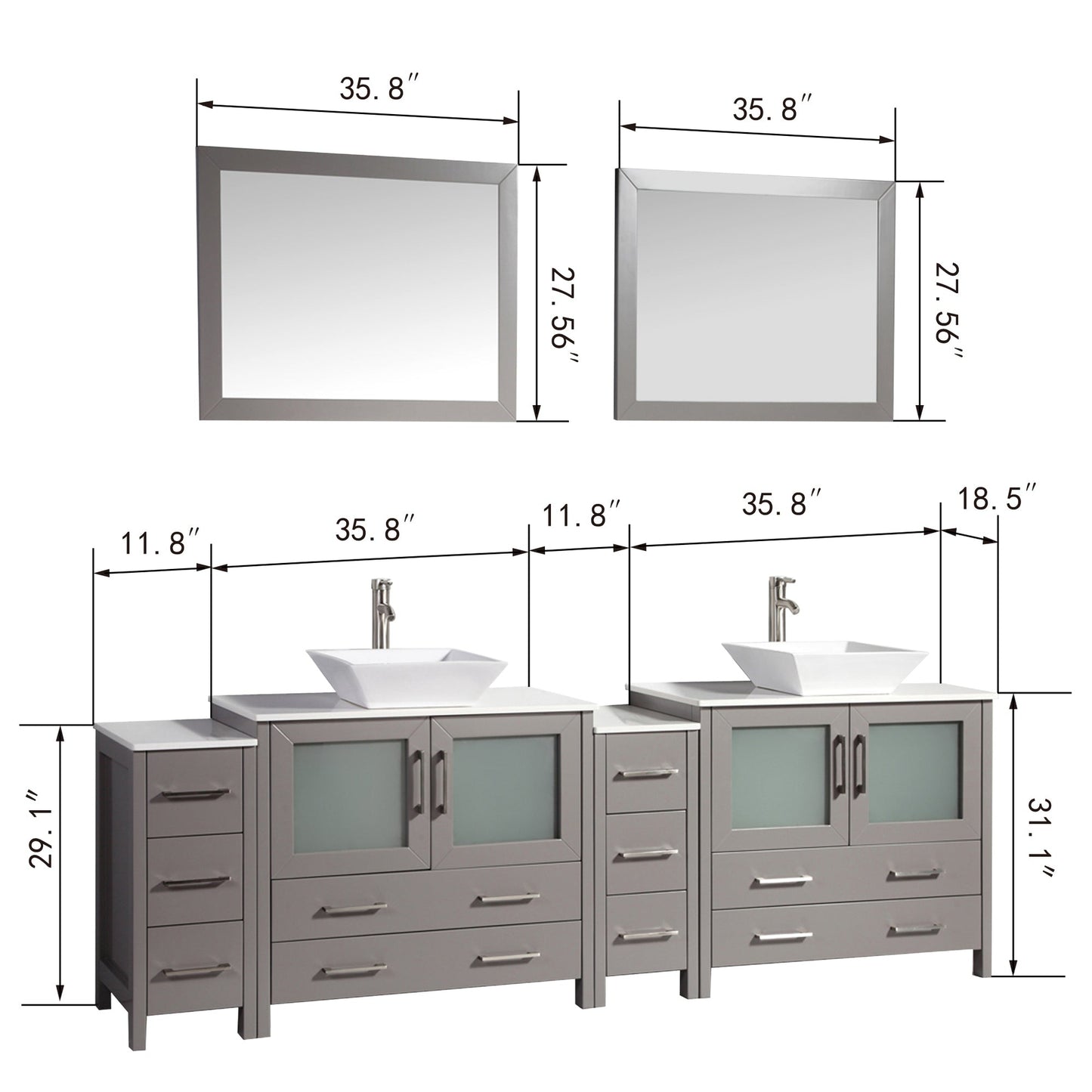 Vanity Art Ravenna 96" Double Gray Freestanding Vanity Set With White Engineered Marble Top, 2 Ceramic Vessel Sinks, 2 Side Cabinets and 2 Mirrors