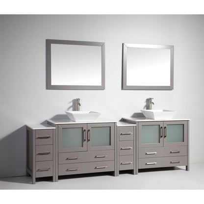 Vanity Art Ravenna 96" Double Gray Freestanding Vanity Set With White Engineered Marble Top, 2 Ceramic Vessel Sinks, 2 Side Cabinets and 2 Mirrors