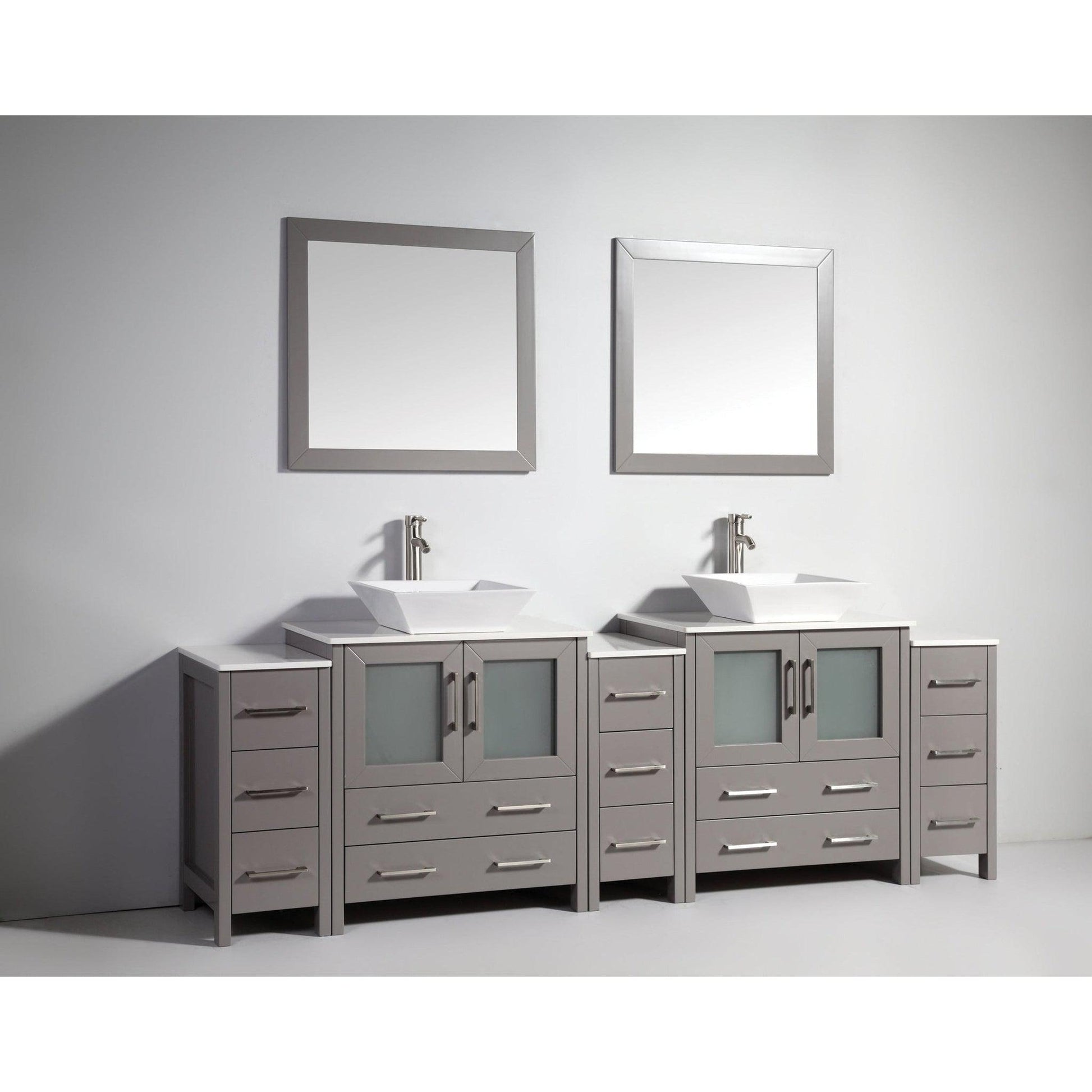 Vanity Art Ravenna 96" Double Gray Freestanding Vanity Set With White Engineered Marble Top, 2 Ceramic Vessel Sinks, 3 Side Cabinets and 2 Mirrors