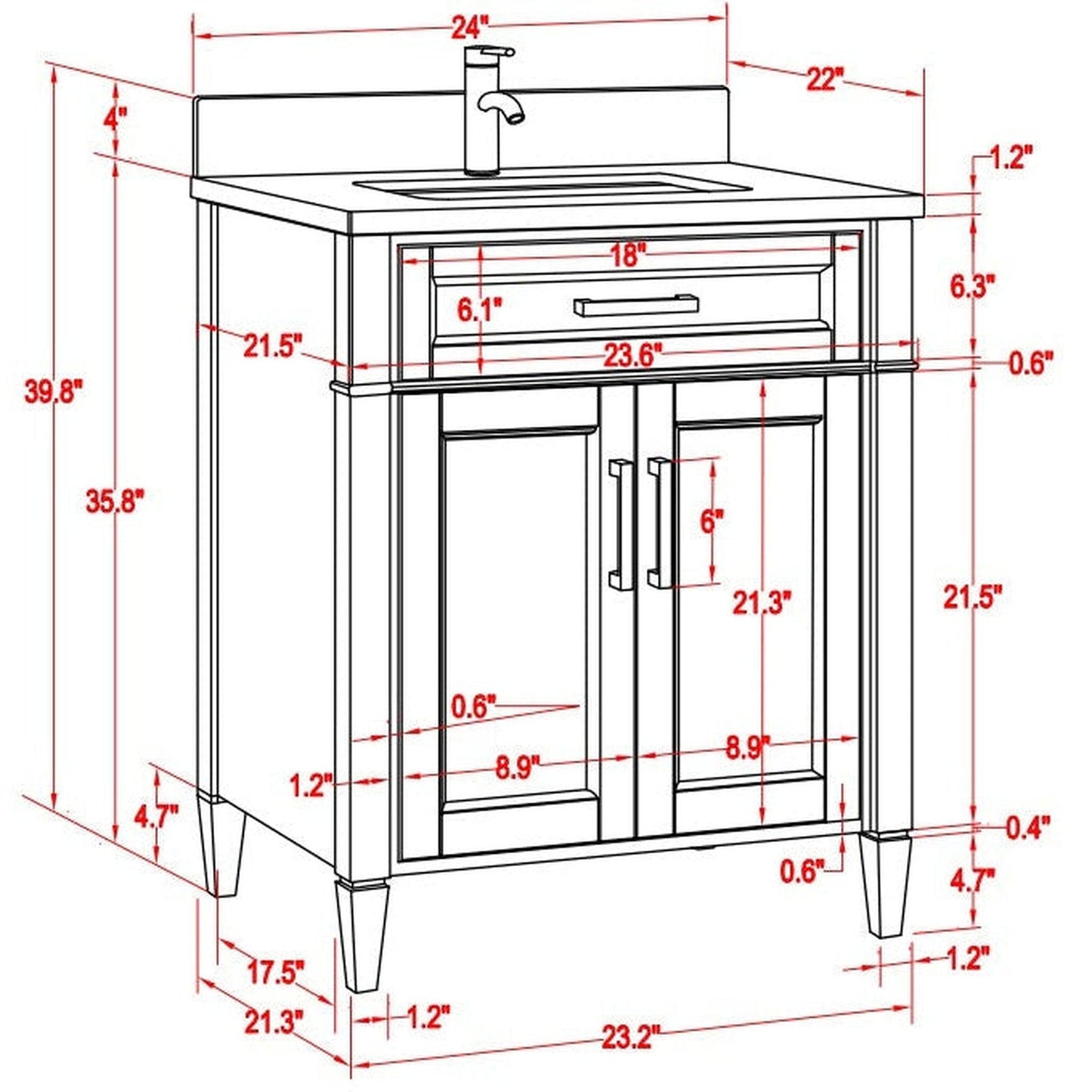 Vanity Art Savona 24" Single White Freestanding Modern Bathroom Vanity Set With Carrara Marble Top, Undermount Ceramic Sink, 1 Dovetail Drawer Cabinet, Backsplash and Mirror